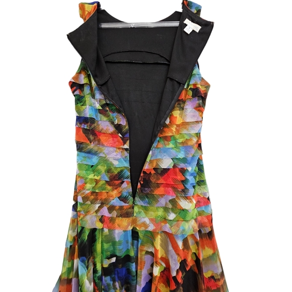 London Times Jeweltones Abstract Paint Splash Tiered Sleeveless Mesh Dress - Picture 11 of 15